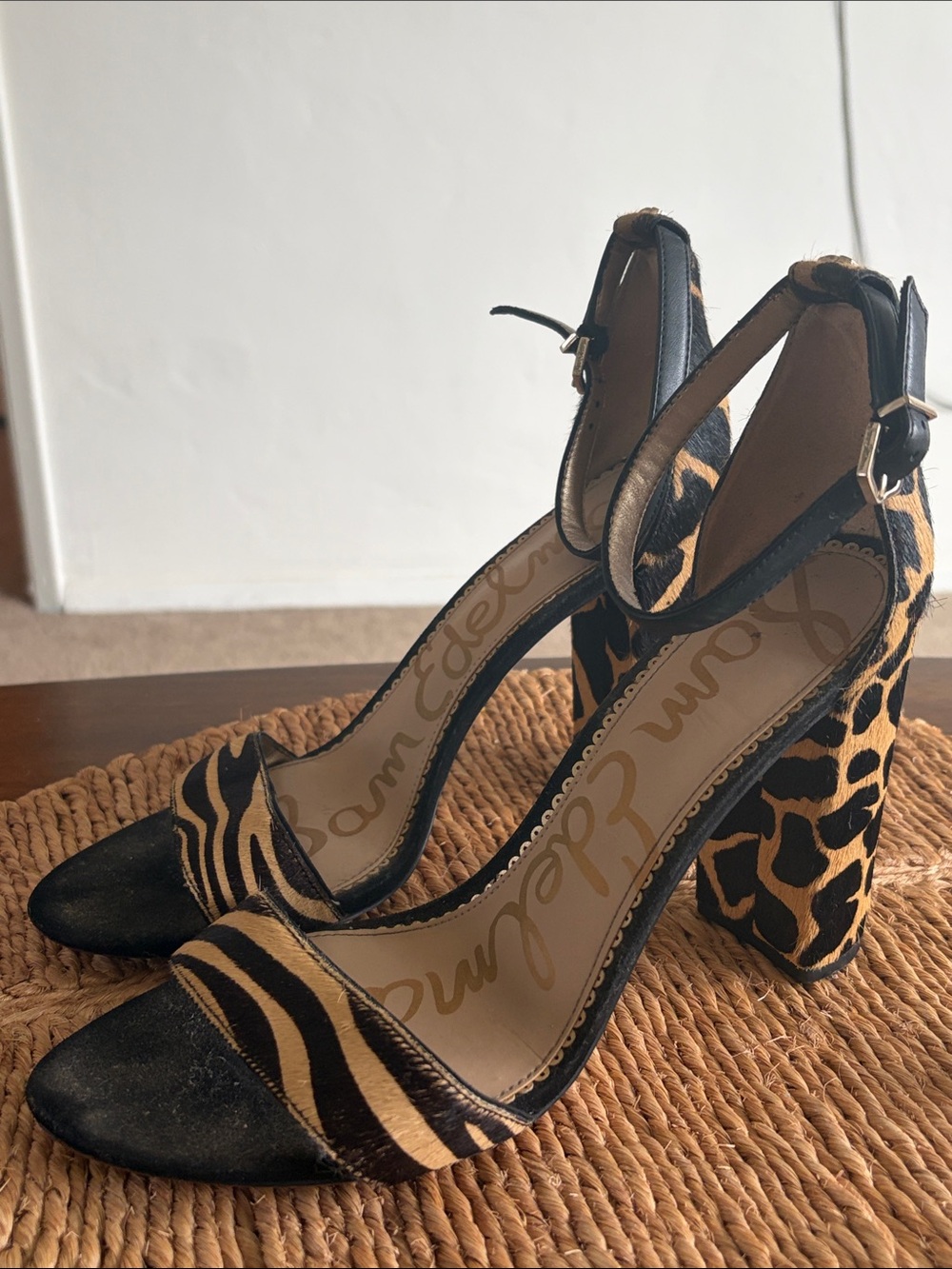 Sam Edelman Black & Tan Animal-Print Block Heel Sandals